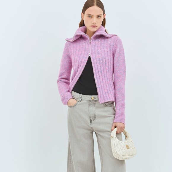Ganni Pink Ribbed Alpaca Blend High Neck Cardigan Size XS - Picture 1 of 6